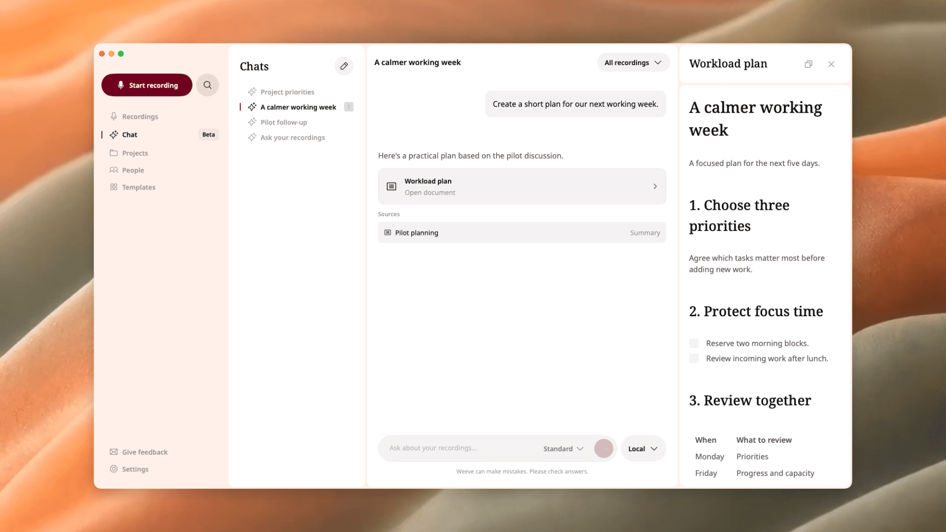 Weeve Chat showing a draft document beside its source conversation.