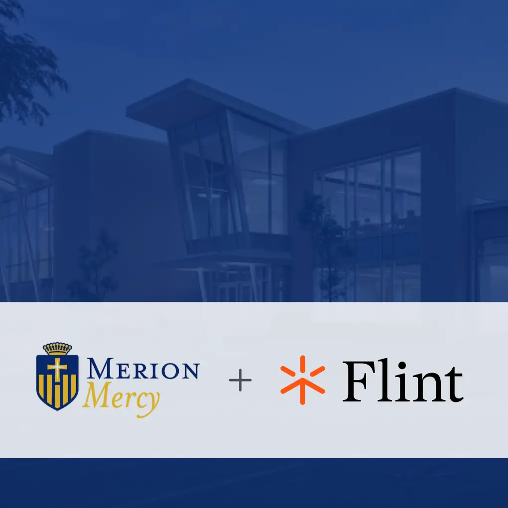 Merion Mercy Academy logo plus Flint logo on Merion Mercy building with blue overlay