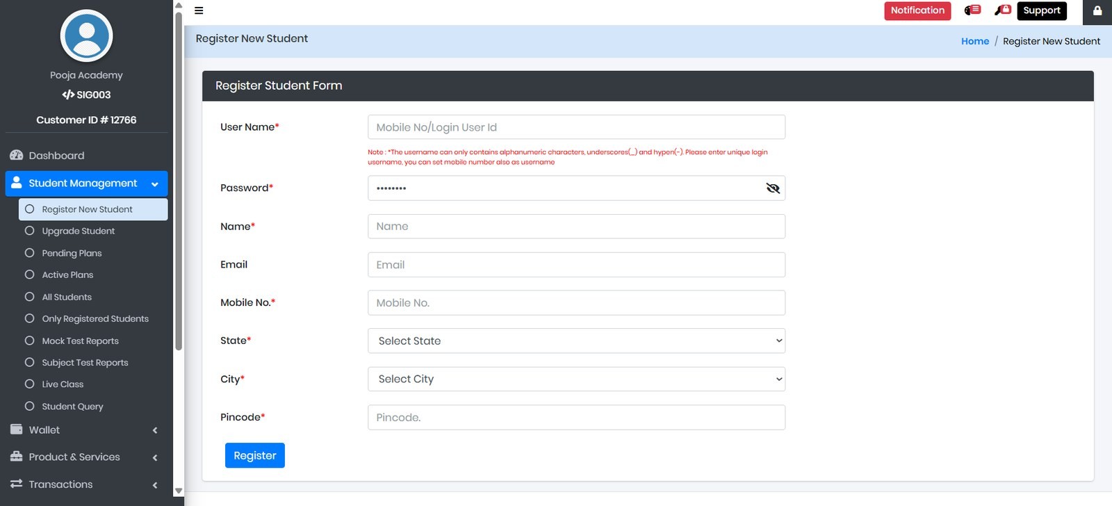Original single column student registration form