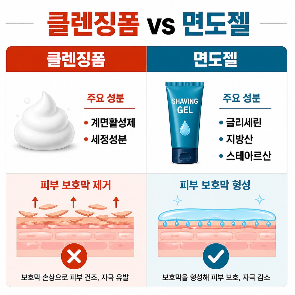 클렌징 폼으로 면도하면 피부 보호막이 사라져 자극이 커지는 것을 설명하는 이미지