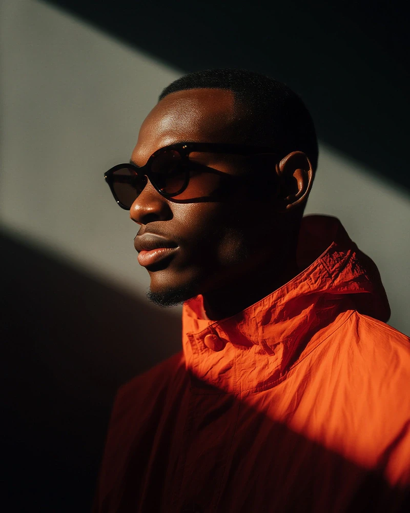 Stylish man in sunglasses and orange jacket, highlighted by dramatic lighting against a dark background.