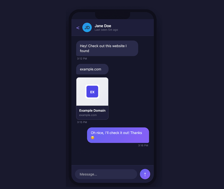 Model of a phone showing a link preview generated for Example.com.