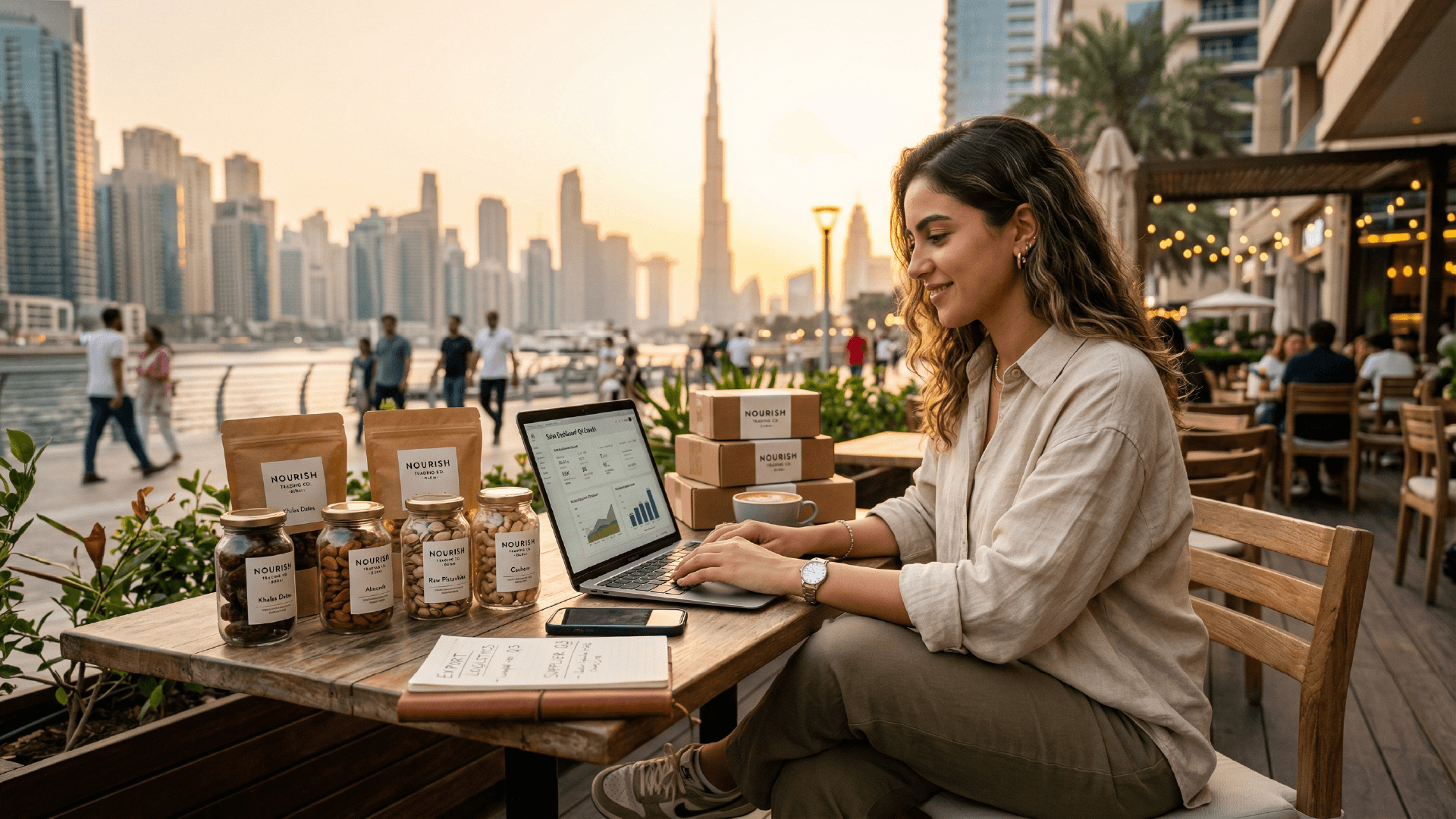Dry fruit and nut wholesale trading products displayed at a Dubai food trading company warehouse