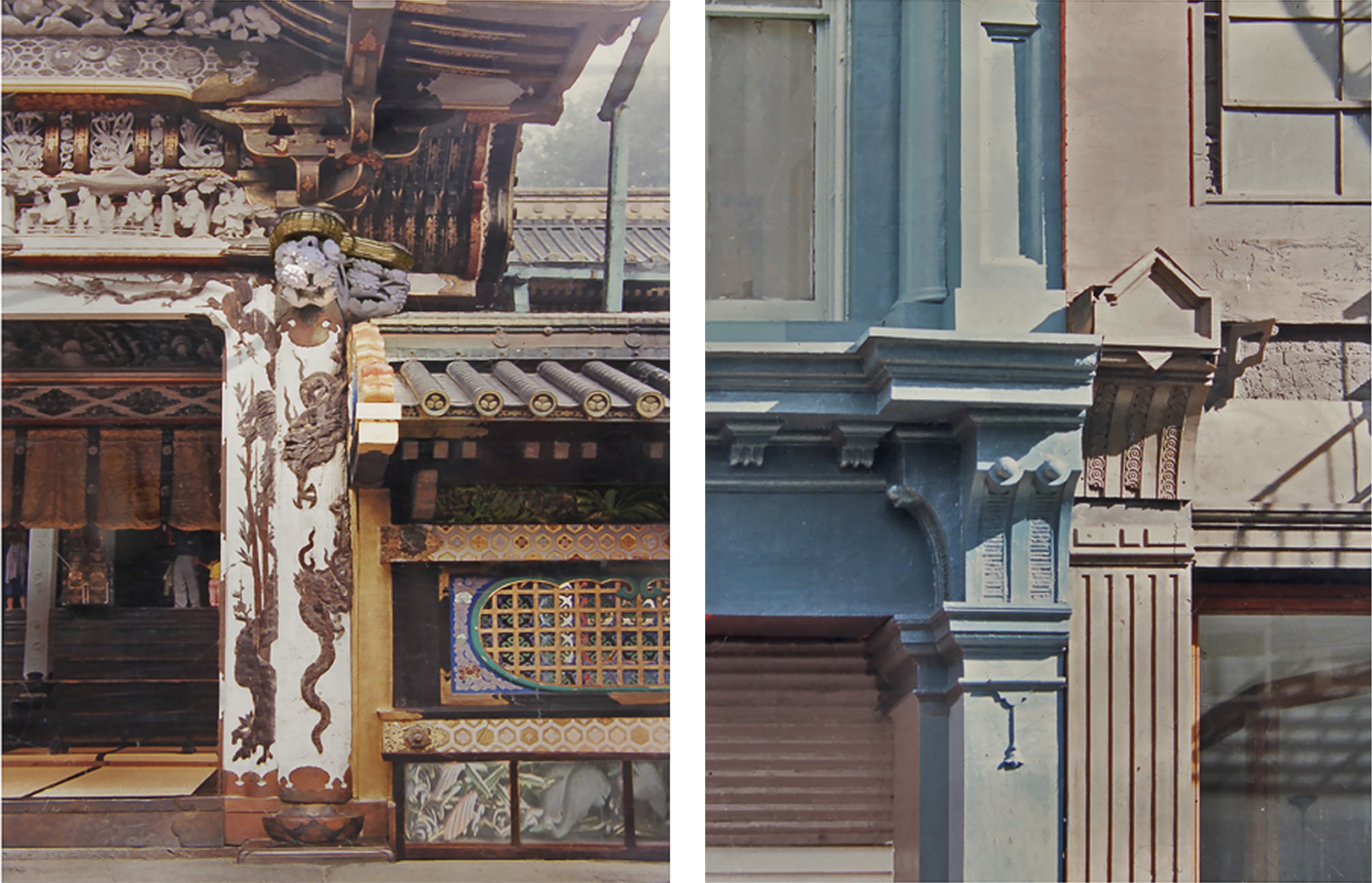 Diptych featuring two photographs: on the left, a close-up of an ornate Japanese temple facade with carved dragons and traditional latticework; on the right, a blue-painted Western-style building with classical columns and molding. The pairing explores architectural detail, craftsmanship, and cultural dialogue.
