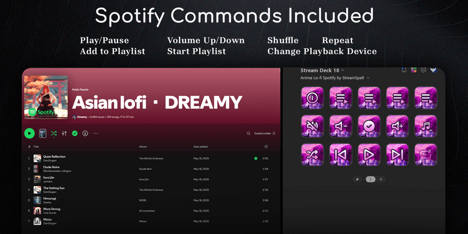 Anime Lo-Fi includes Spotify playback, volume, playlist and device-selection controls — official product preview