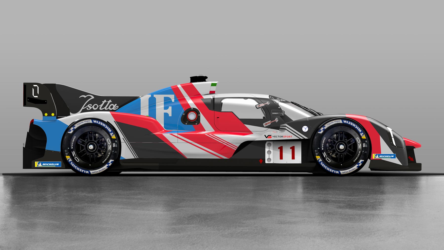 Isotta Fraschini hypercar on track with custom livery design, design sketch side view