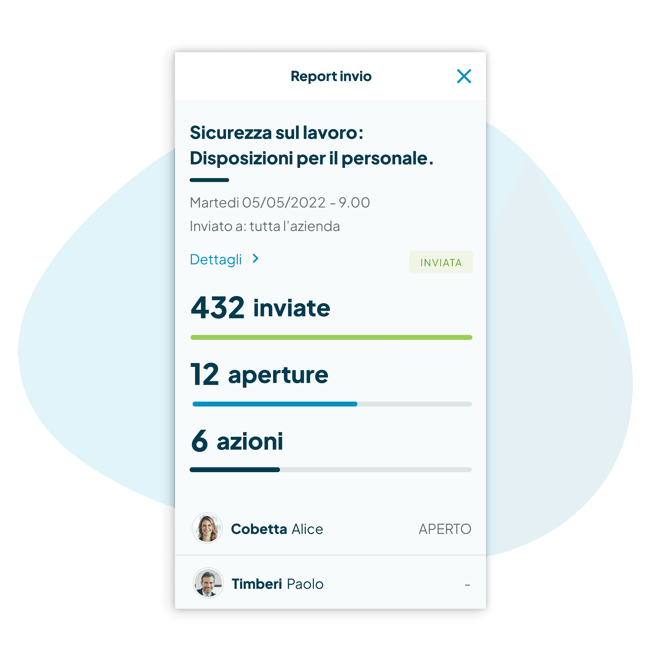 Schermata della funzionalità Comunicazioni importanti con report dettagliato in tempo reale sugli invii, le aperture e le conferme di presa visione.