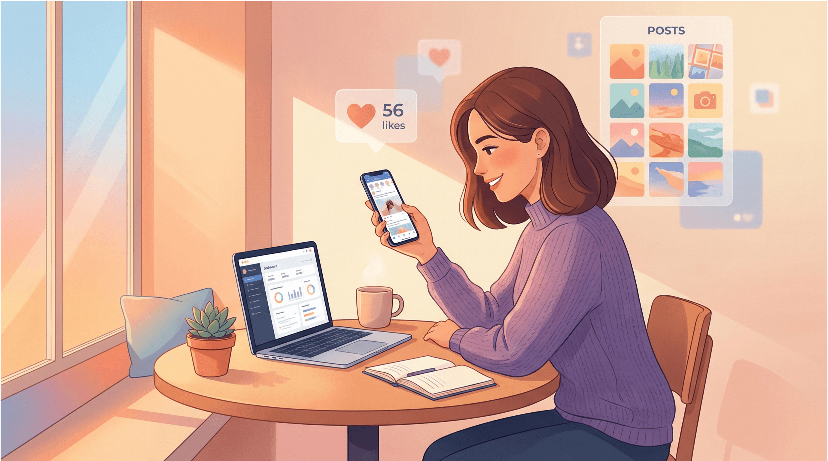 Illustration of a small business owner woman working on Instagram post ideas at her desk, holding a smartphone with engagement notifications visible, laptop showing analytics dashboard, warm and inviting workspace setting