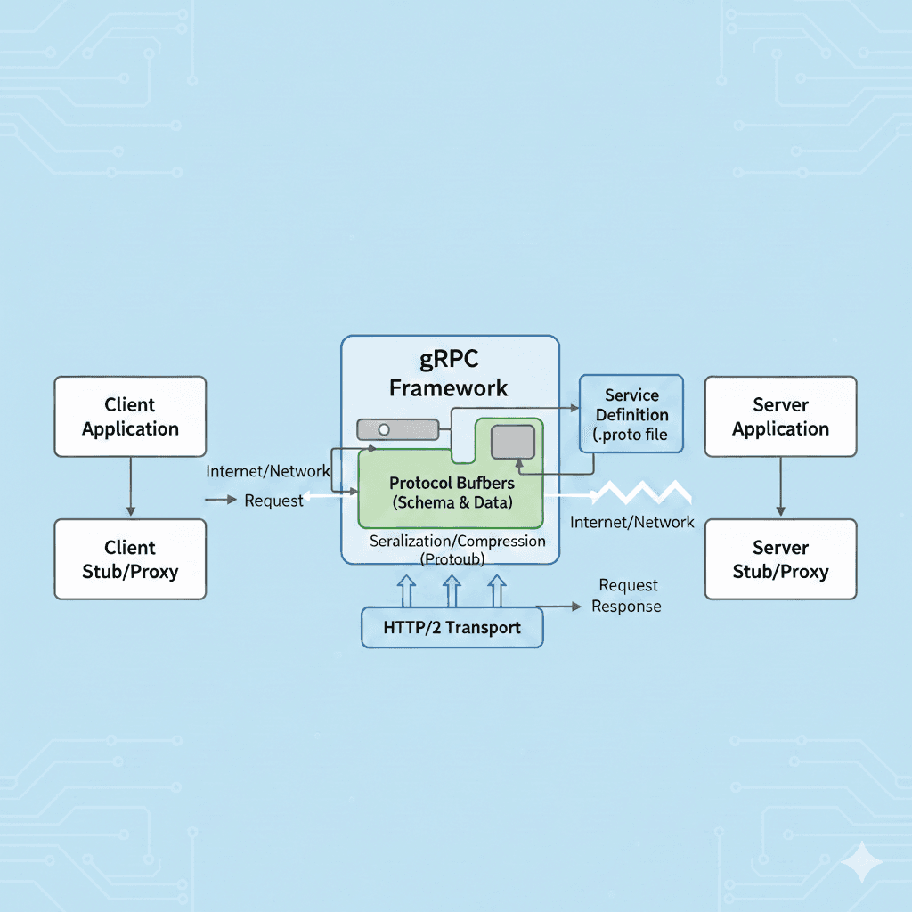 gRPC architecture: client and server applications, stubs, Protocol Buffers, and HTTP/2 transport