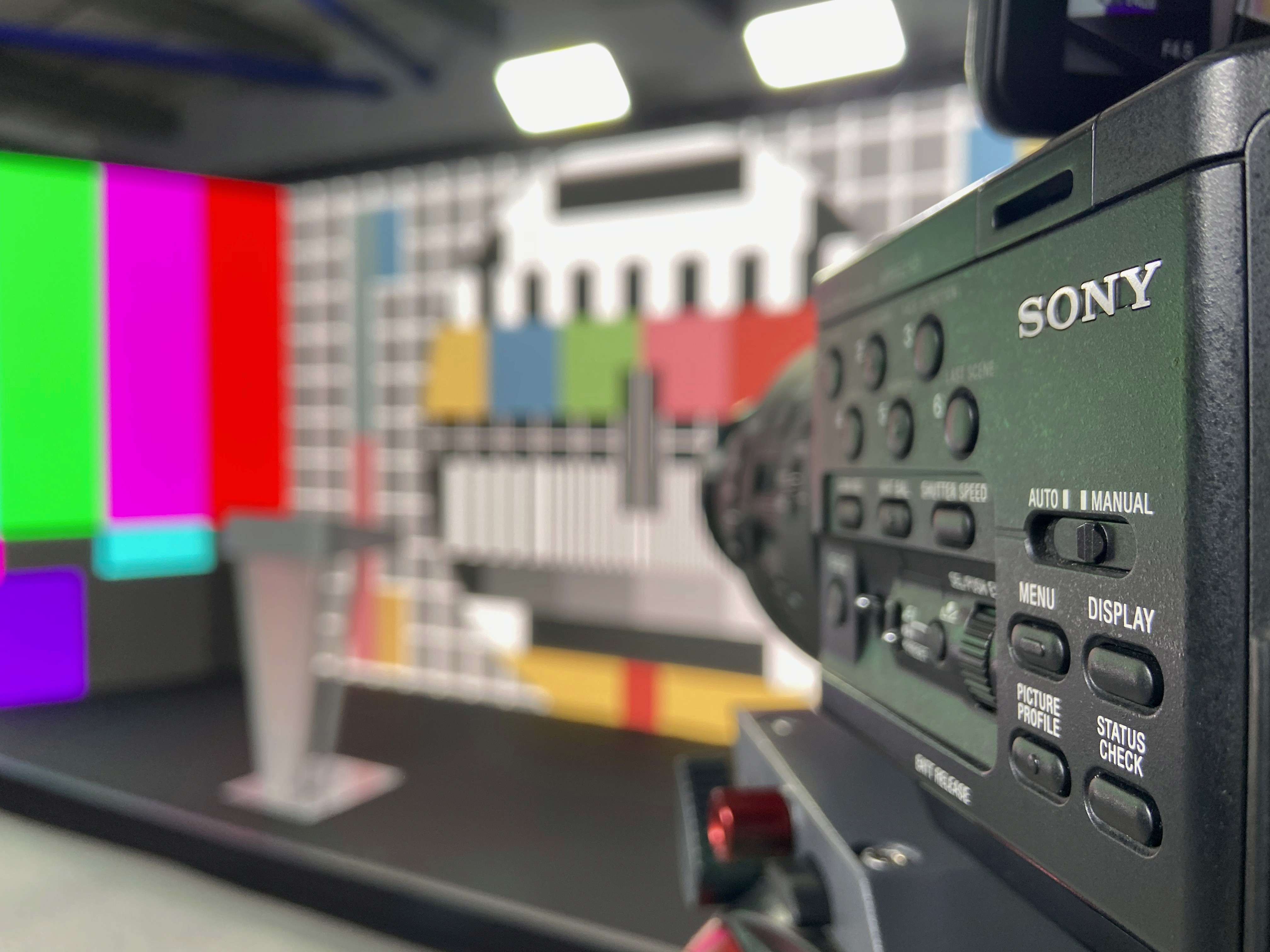 Sony professional video camera being tested against a colour chart before an event broadcast.