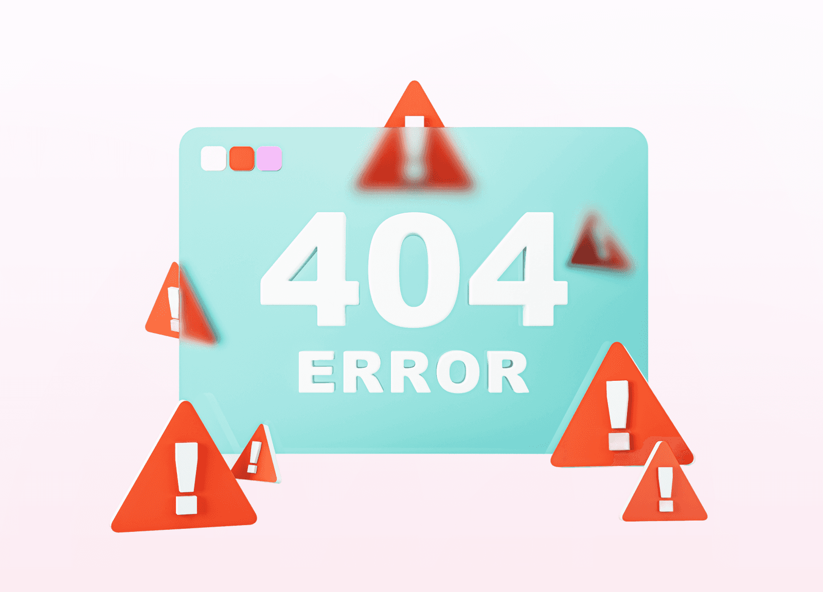 404 error illustration with large “404” text on a teal card, surrounded by red warning triangles with exclamation marks, indicating a missing or unavailable page.