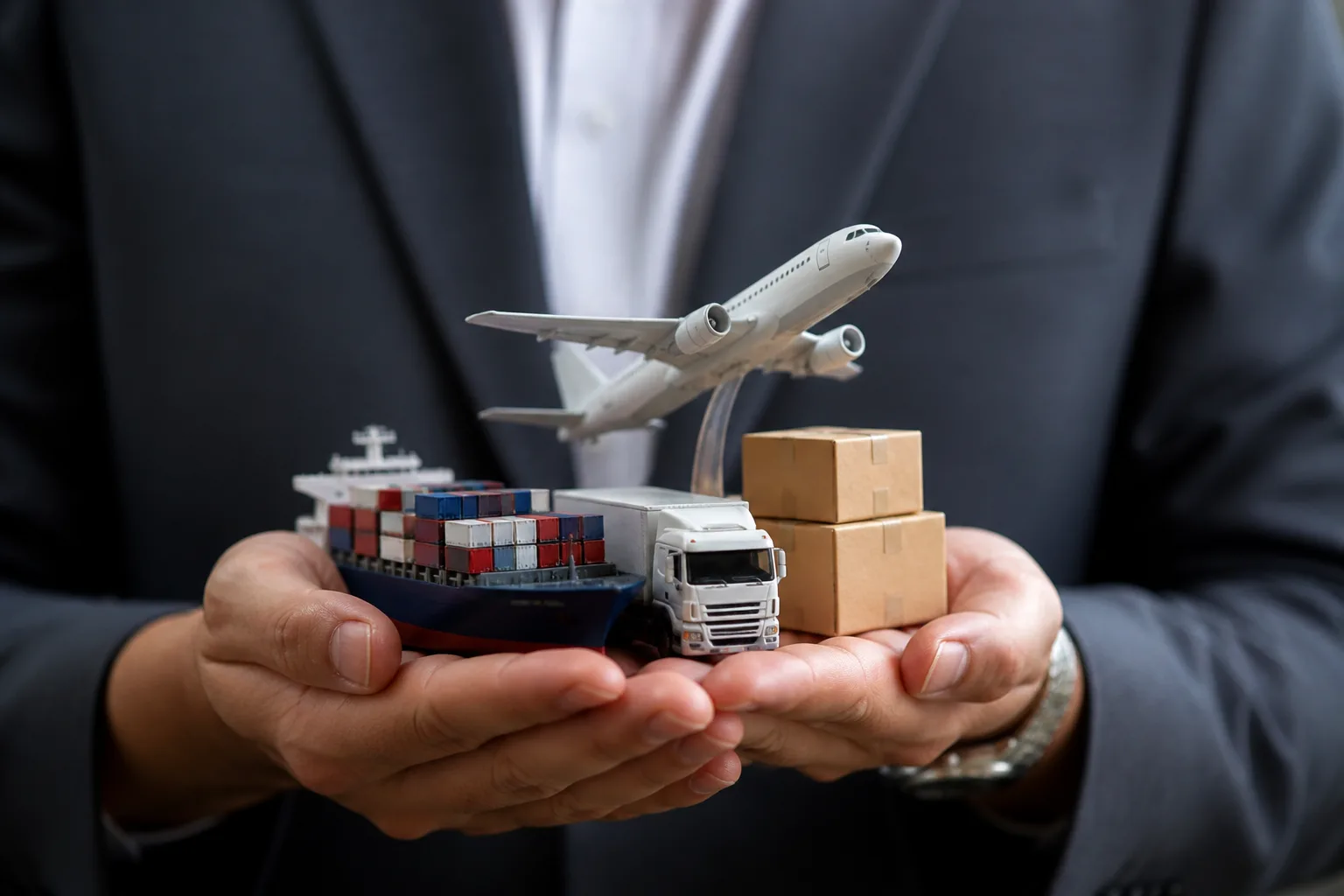Freight Forwarding Business Setup in Dubai beside a warehouse with cargo pallets and a shipping