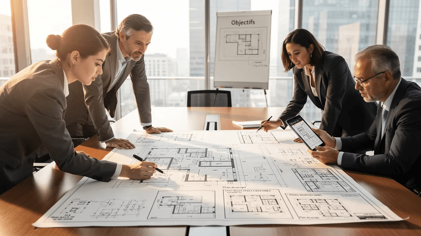 Une équipe de professionnels se réunit autour d'une table pour examiner les plans d'un projet de construction d'une centrale photovoltaïque. Ils discutent des avantages du tiers investissement et des solutions pour la mise en place de panneaux solaires sur le toit d'un bâtiment.