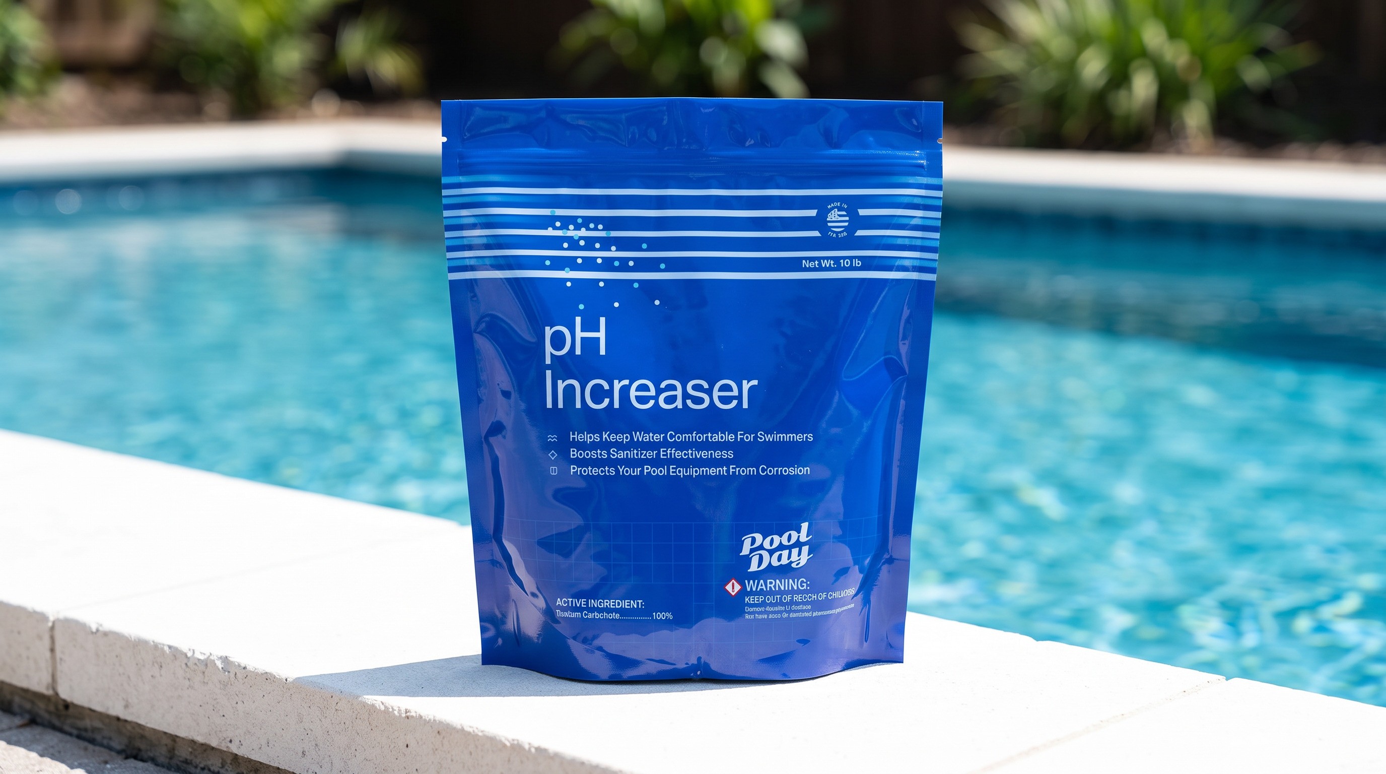 Pool Day pH Increaser 10 lb blue stand-up pouch on the edge of a backyard pool