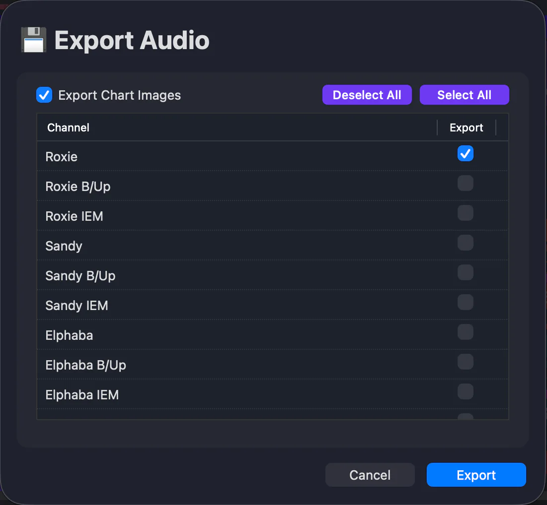 Select audio channels to export from in the history chart