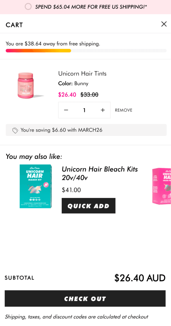 Mobile Shopify mini cart for Lime Crime showing selected product and recommended items