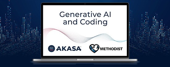 laptop with the methodist health video on screen, akasa logo and mhs logo