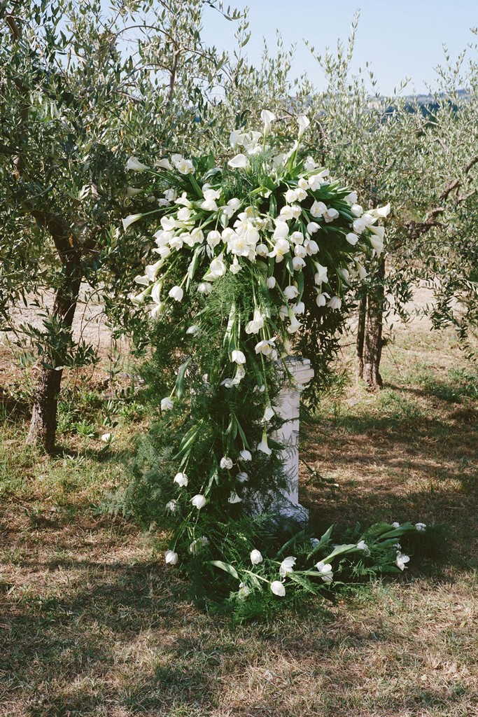 Floral ceremony installation with cascading white tulips arranged among olive trees