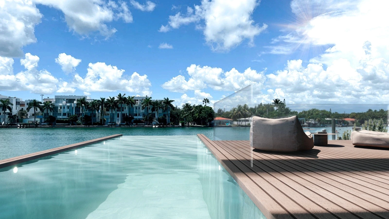 Rooftop infinity pool with bay views and wood deck, Bayside Lane residence Miami Beach