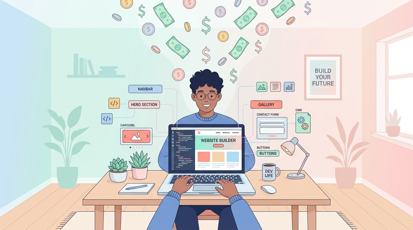 Illustration of a person building a website on a laptop with money and web elements floating around