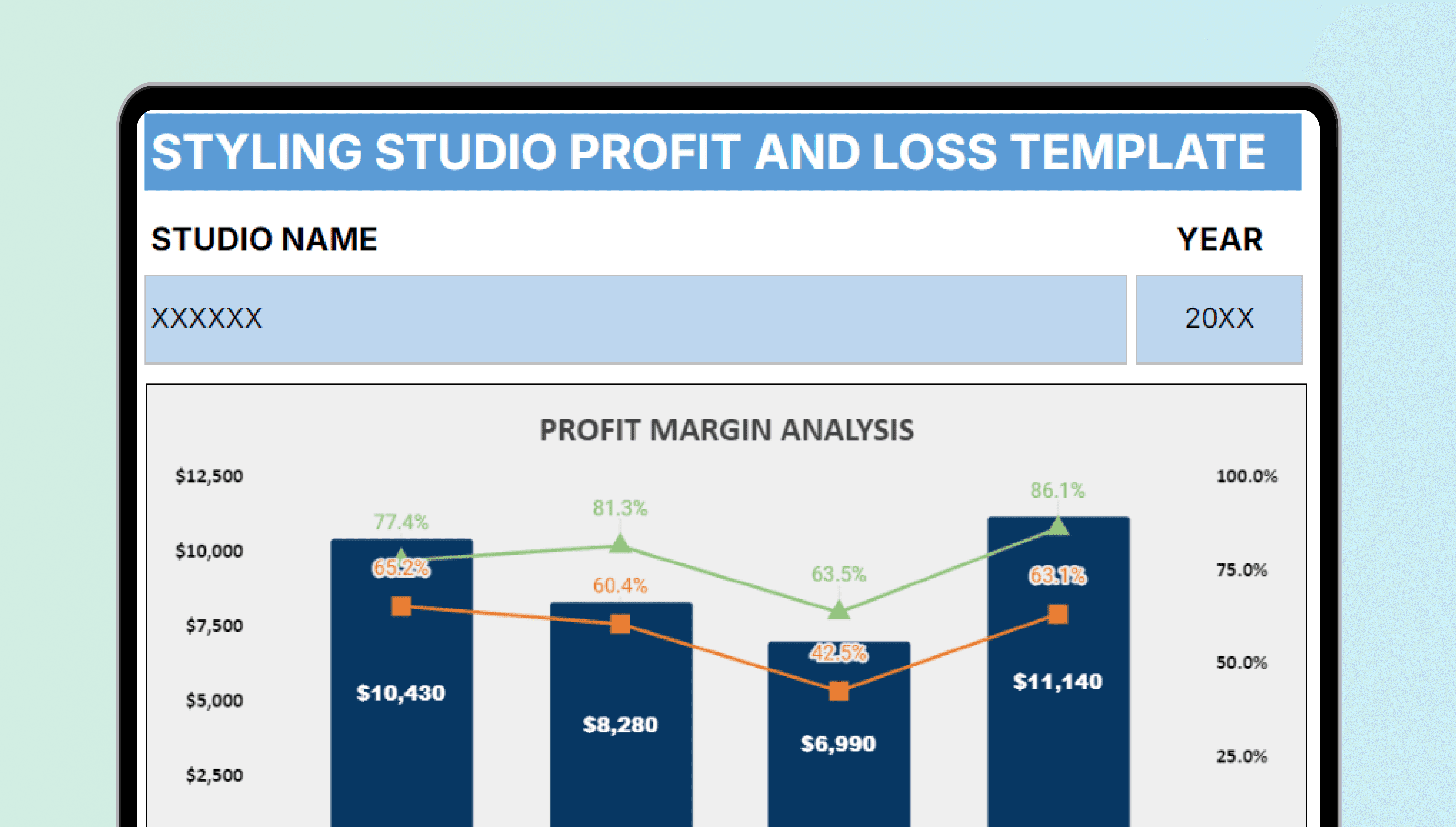 Excel accounting template 'Styling Studio P&L Template' with income and expense categories neatly organized.