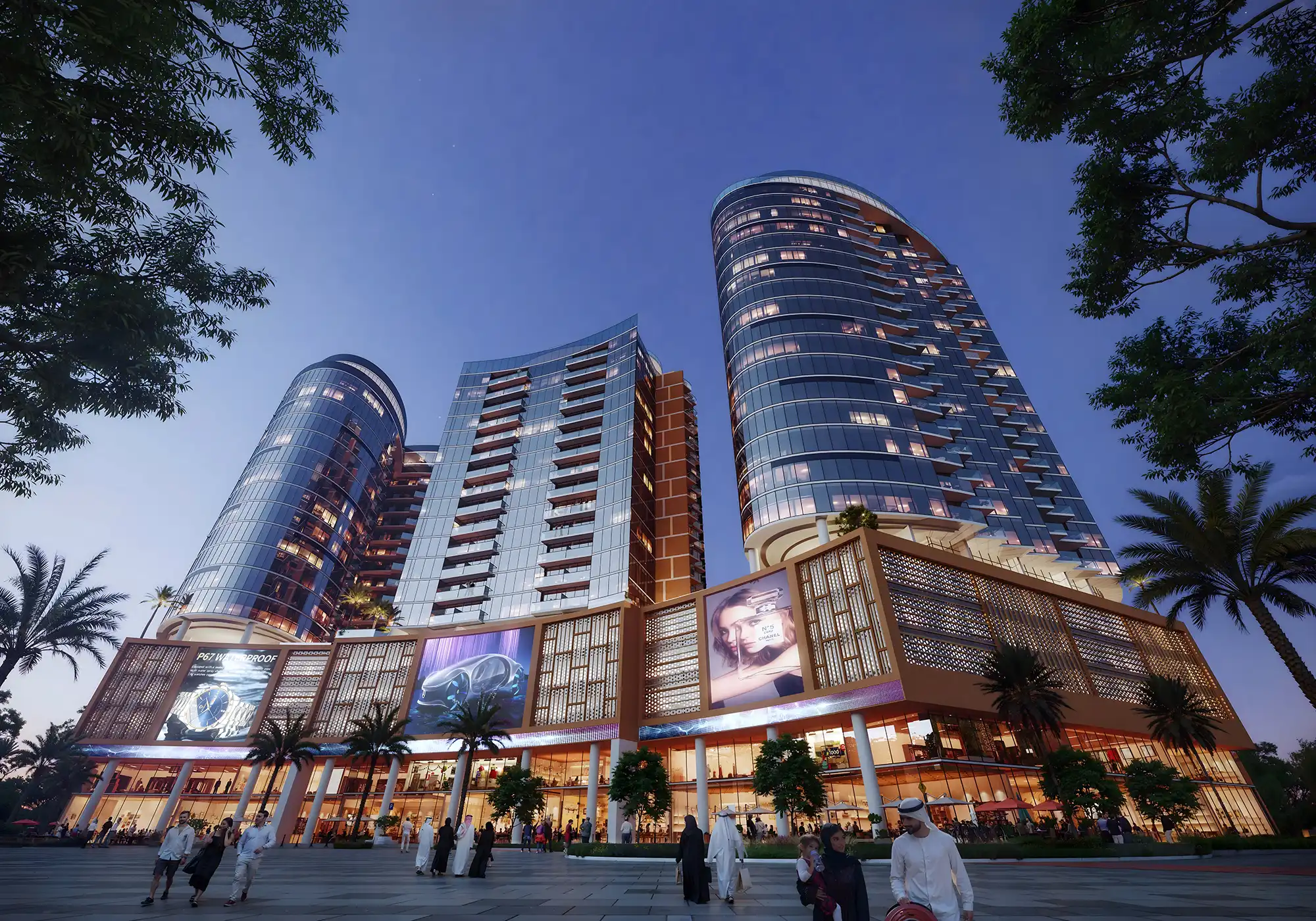 Modern exterior of Orchid Tower at dusk, showcasing luxury retail and elite real estate agent listings.