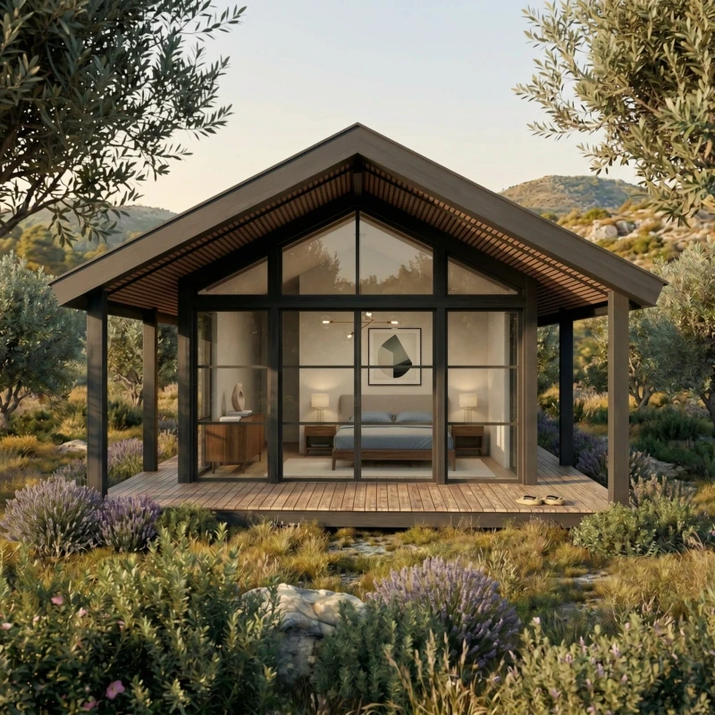 Rendu architectural d'un cabanon moderne intégré au paysage