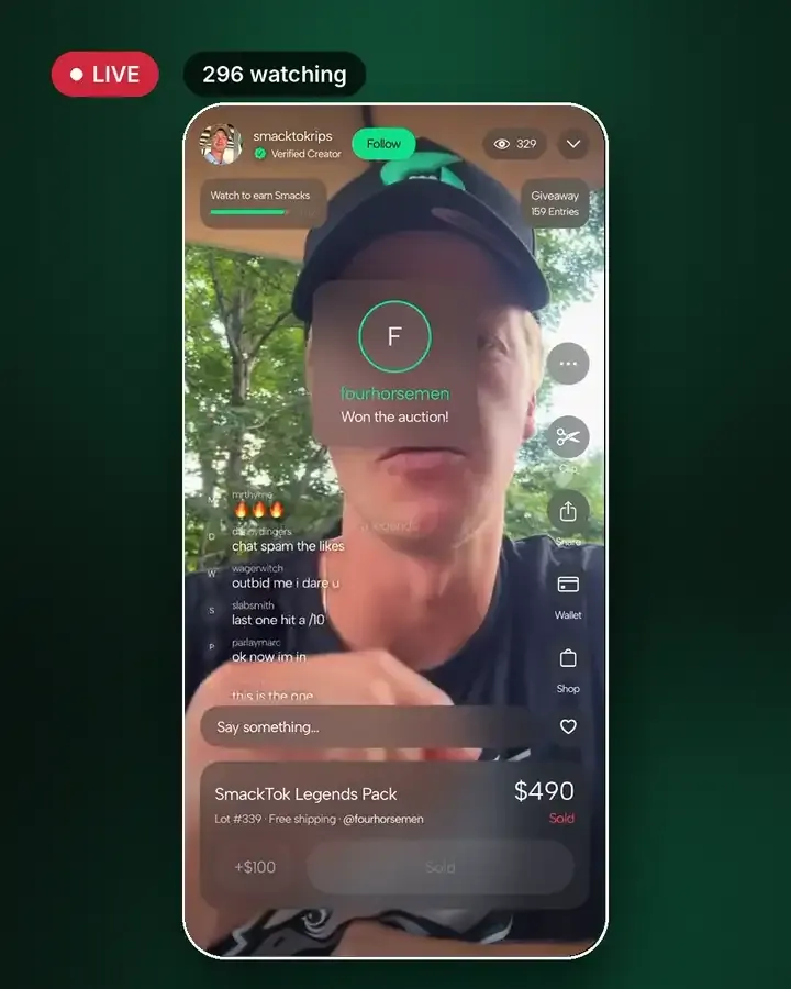 A verified SmackTok creator ripping a Legends pack live