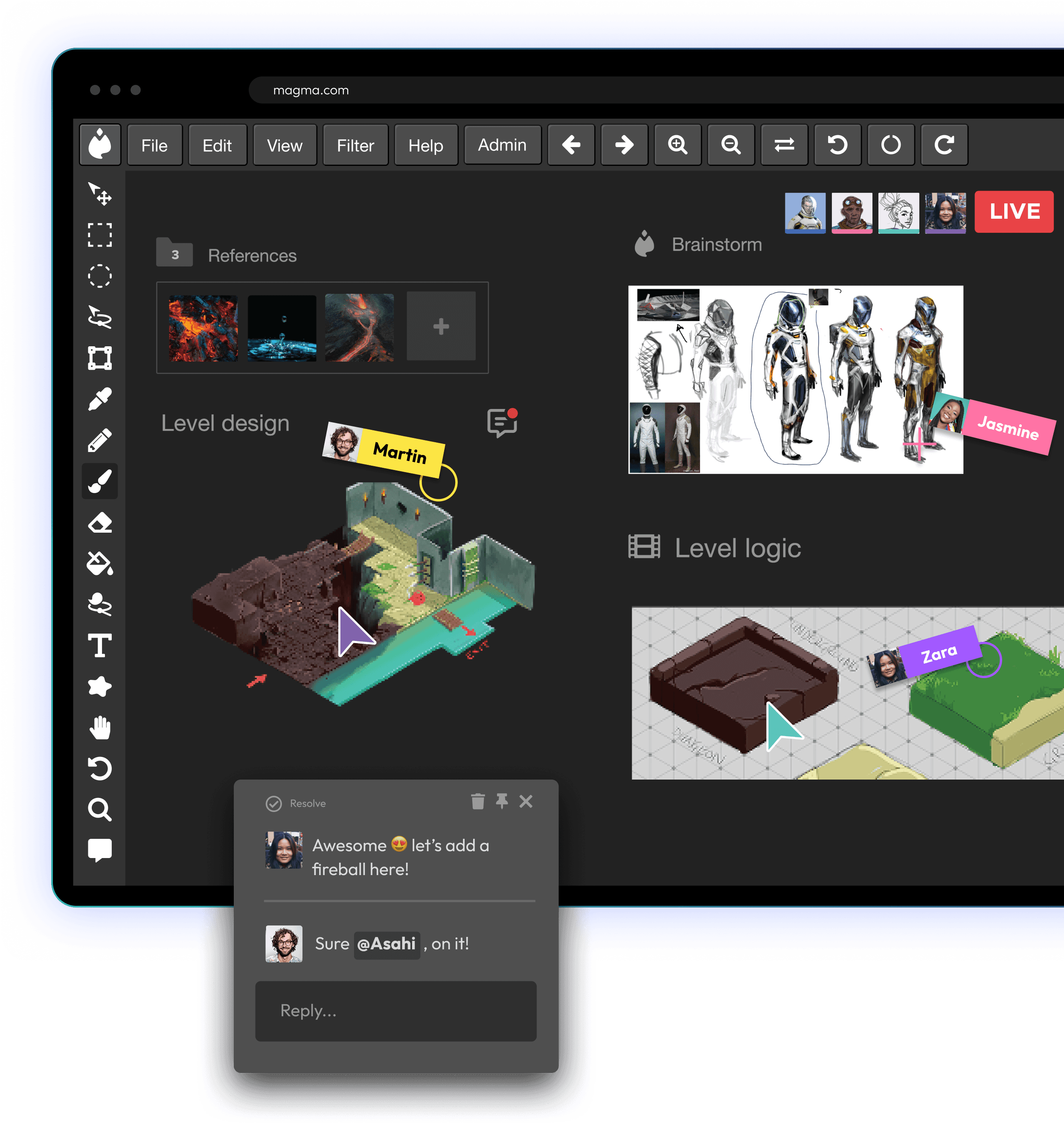 A cosmic illustration being edited collaboratively by team members labeled Asahi and James, featuring chat interactions and a visible drawing tool palette.
