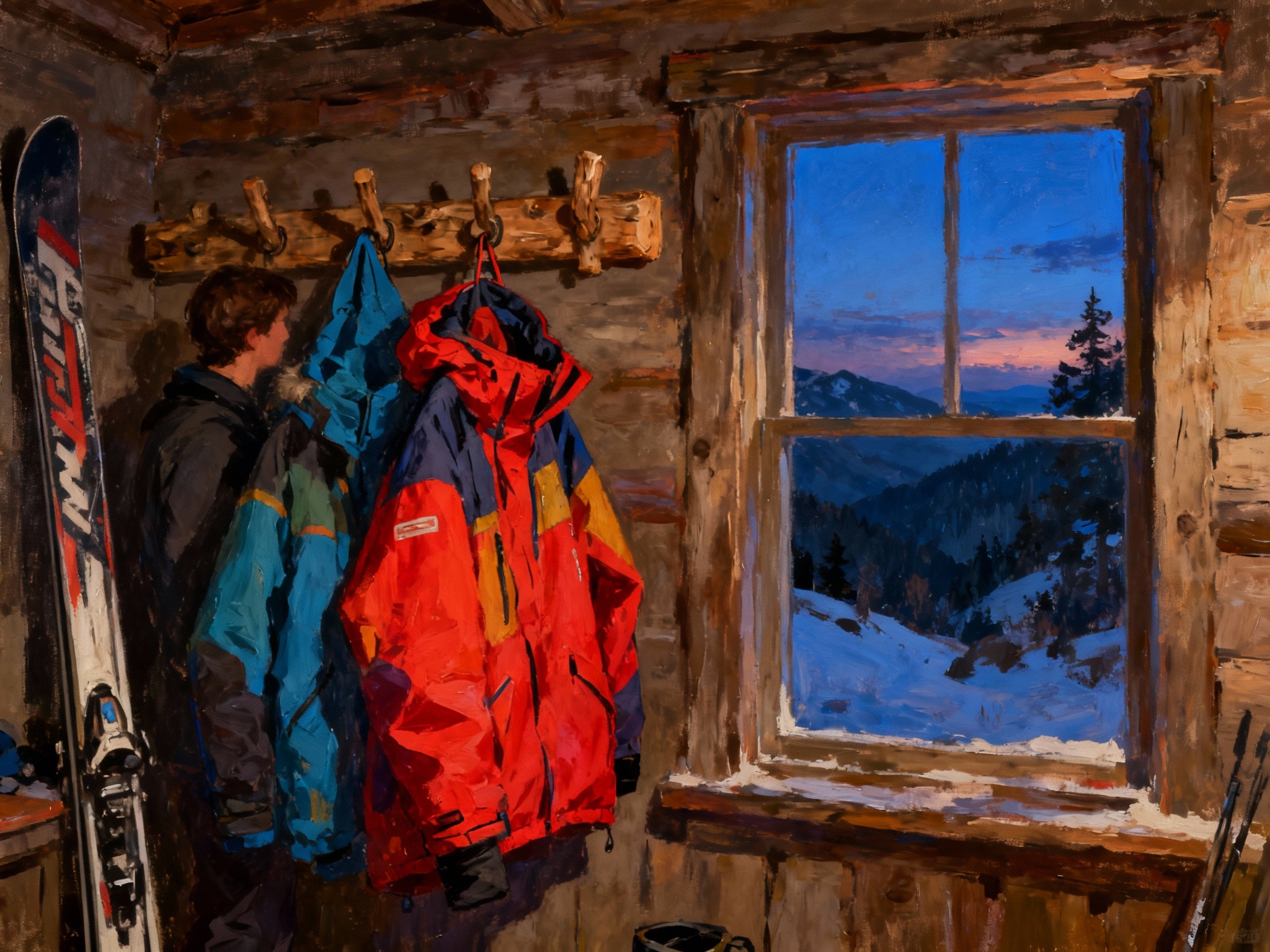 A fine-art illustration in a frame depicting a cozy mountain cabin scene at twilight, with a person