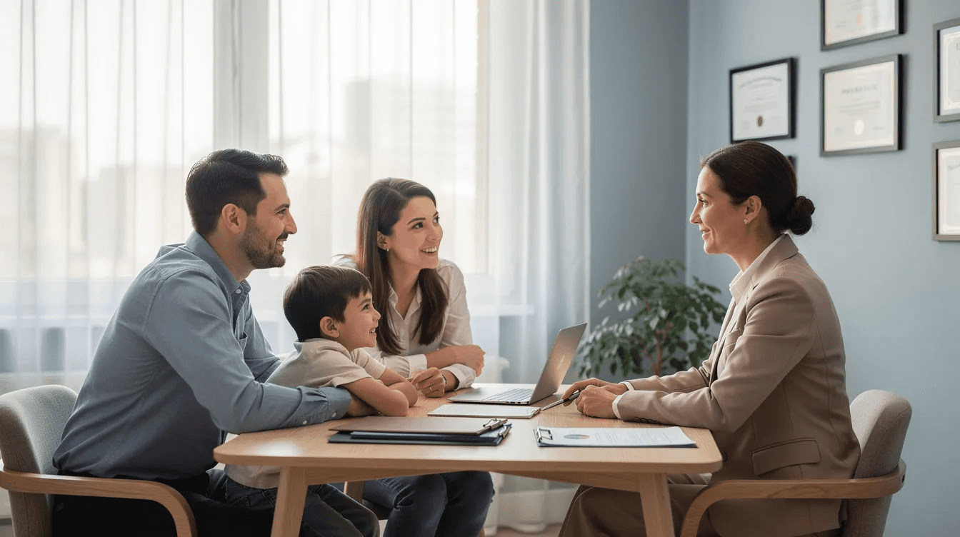 In a calm office setting, a professional financial advisor is meeting with a family, discussing their financial goals and providing guidance on investment management and planning for their future. The advisor is focused on helping them make informed financial decisions that align with their priorities and aspirations.