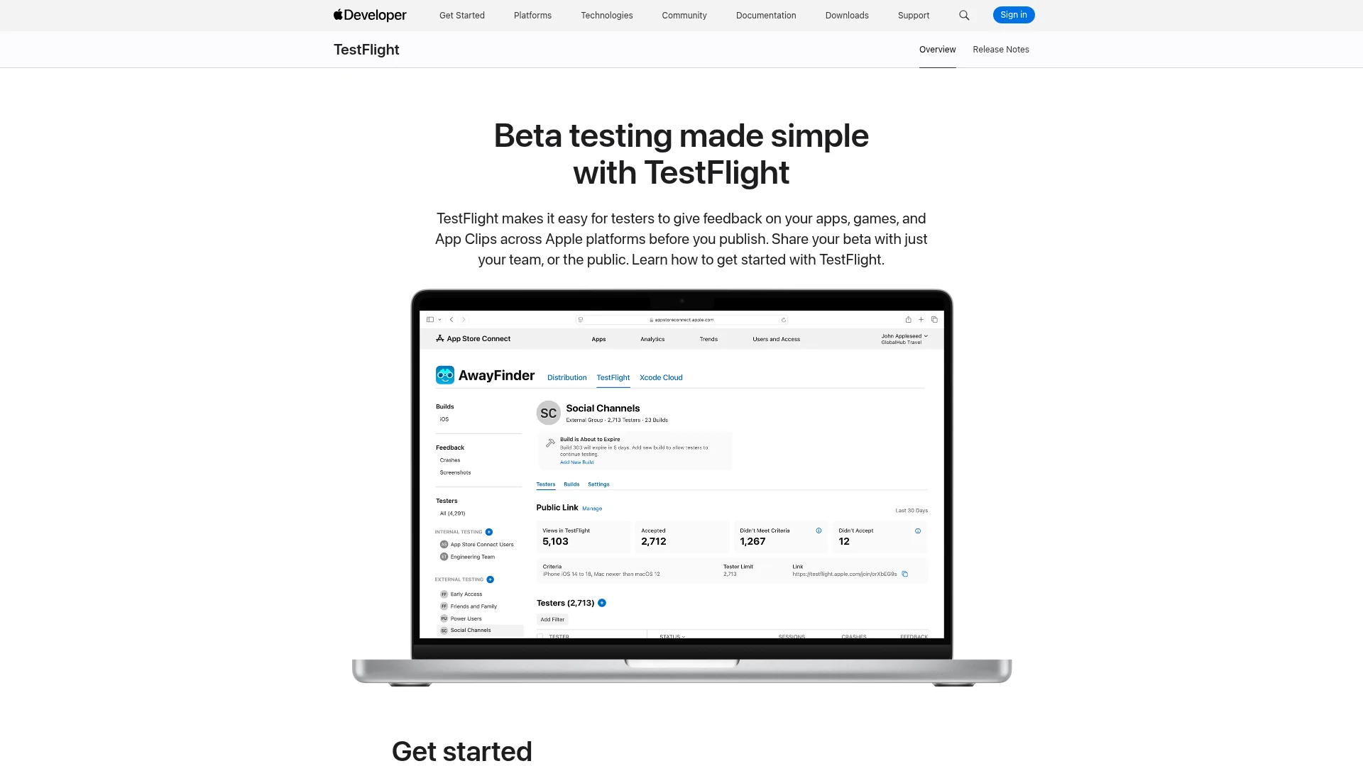 Apple TestFlight page showing internal and external beta tester limits