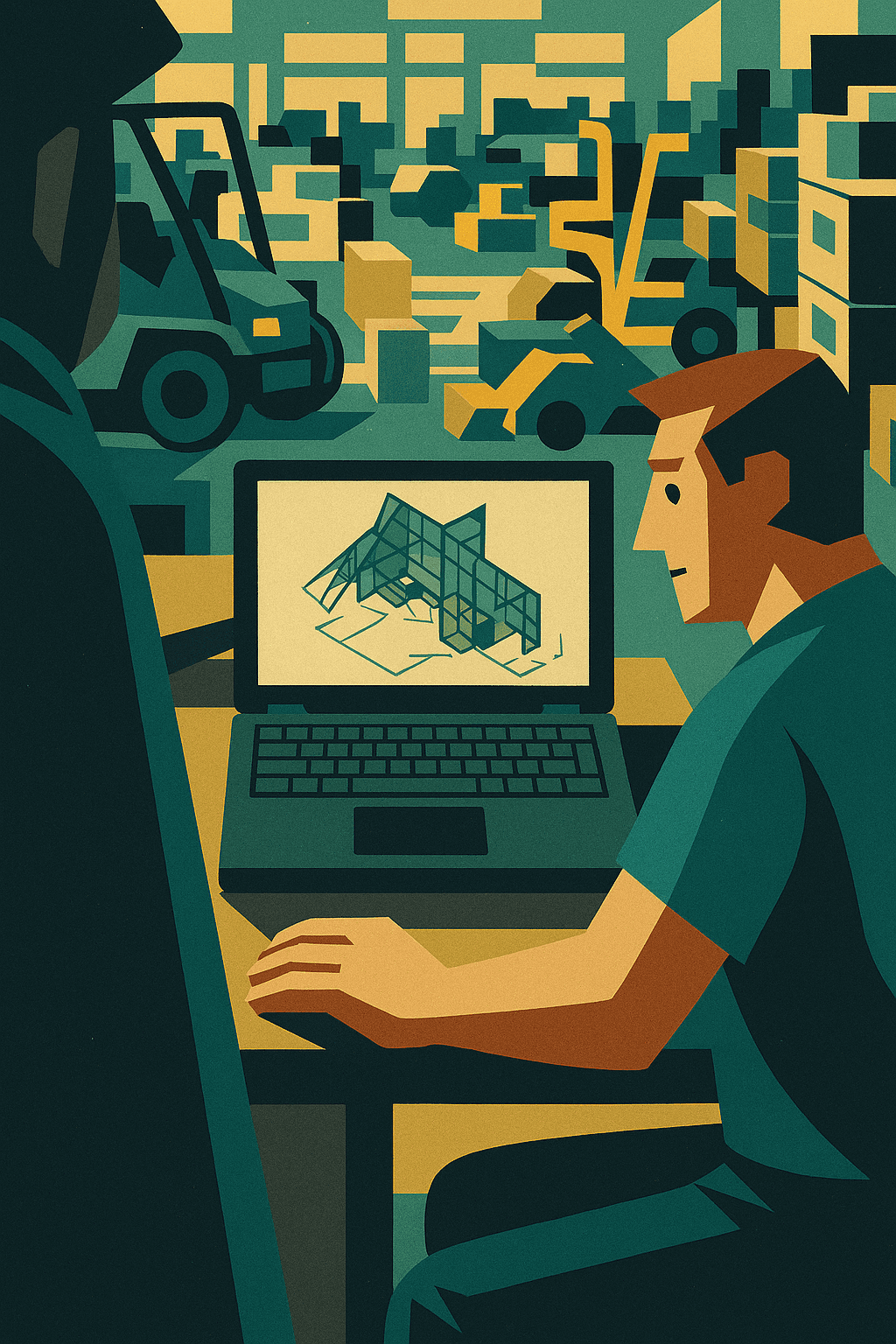 Laptop su banco da lavoro mostra un progetto 3D CAD, con persone e macchinari sfocati sullo sfondo dell’officina.