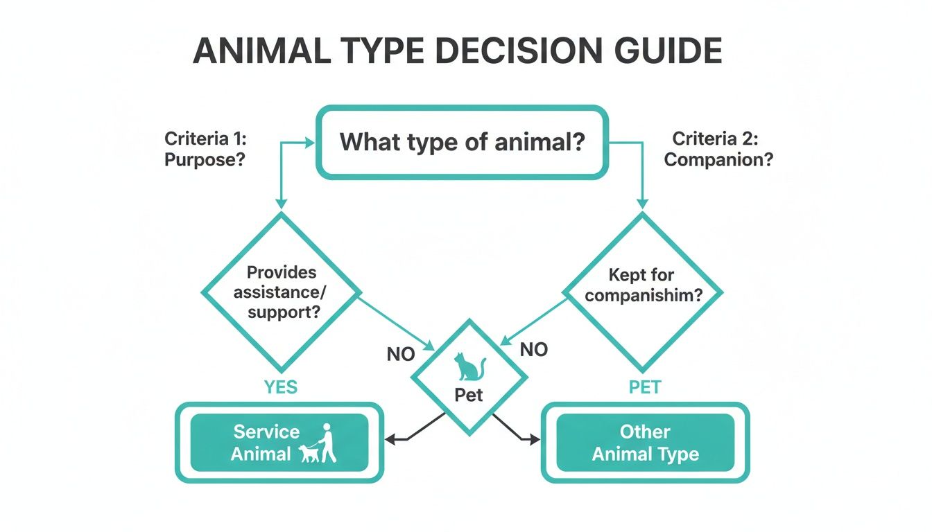 Flowchart for classifying animal types: Service Animal, Pet, or Other, based on purpose and companionship.