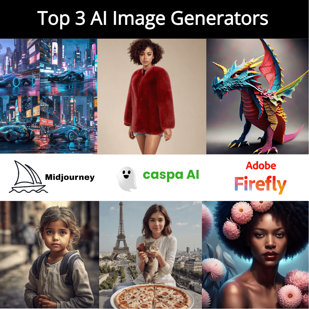 infographic of top 3 AI Image generators caspa AI, midjourney AI and adobe firefly