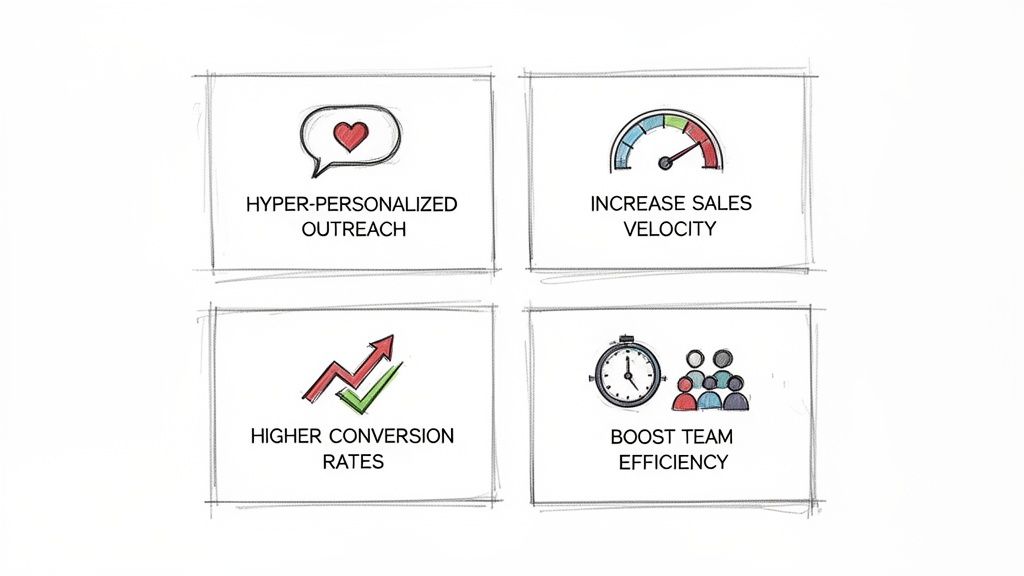 Infographic showing hyper-personalized outreach, increased sales velocity, higher conversion rates, and boosted team efficiency.