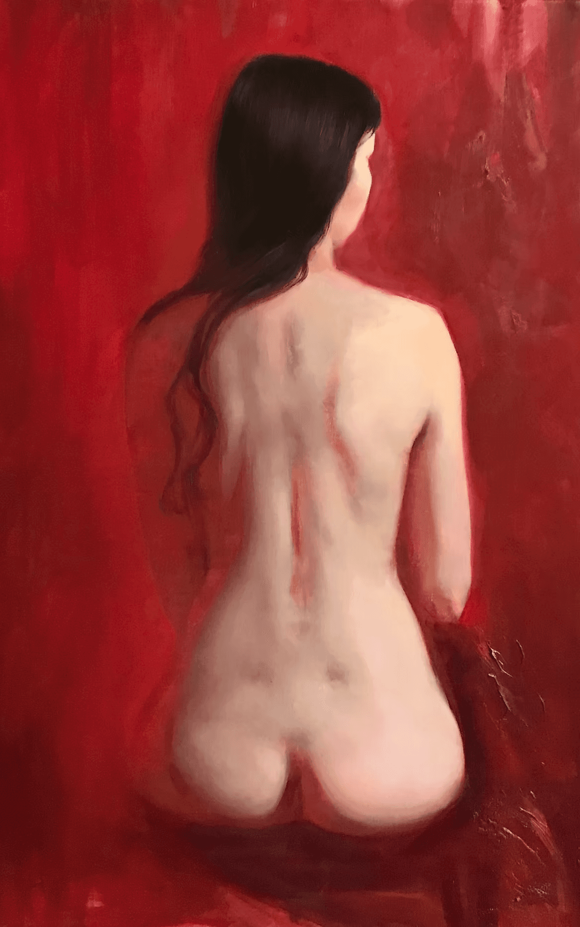 A nude figure with long dark hair sits facing away against a rich red backdrop, creating a striking contrast and emphasizing the curves and texture of the human form; this artistic image captures themes of elegance and classic portraiture.