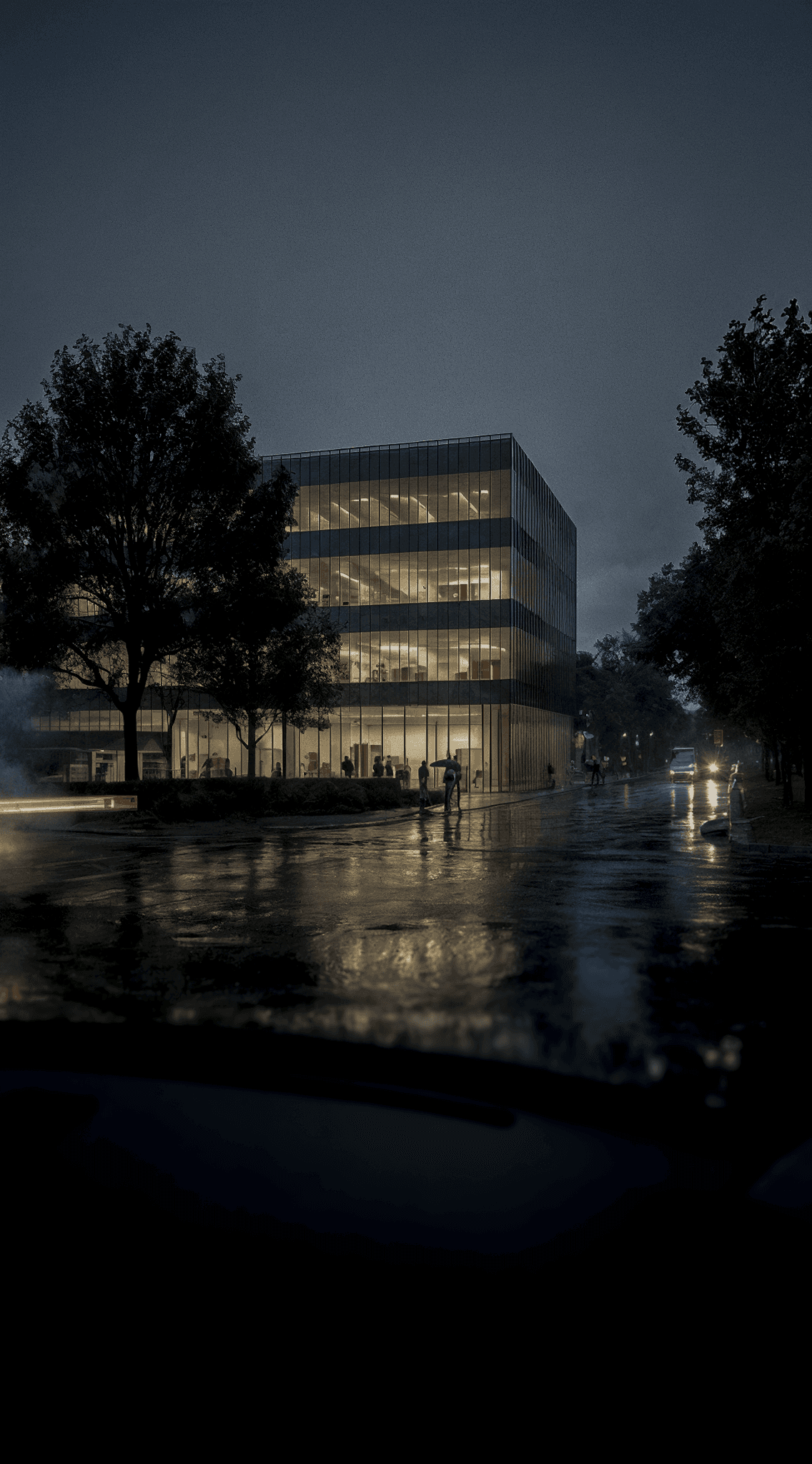Rainy evening architectural visualization of a modern glass office building with illuminated interior, reflecting on the wet asphalt, creating a cinematic urban atmosphere.