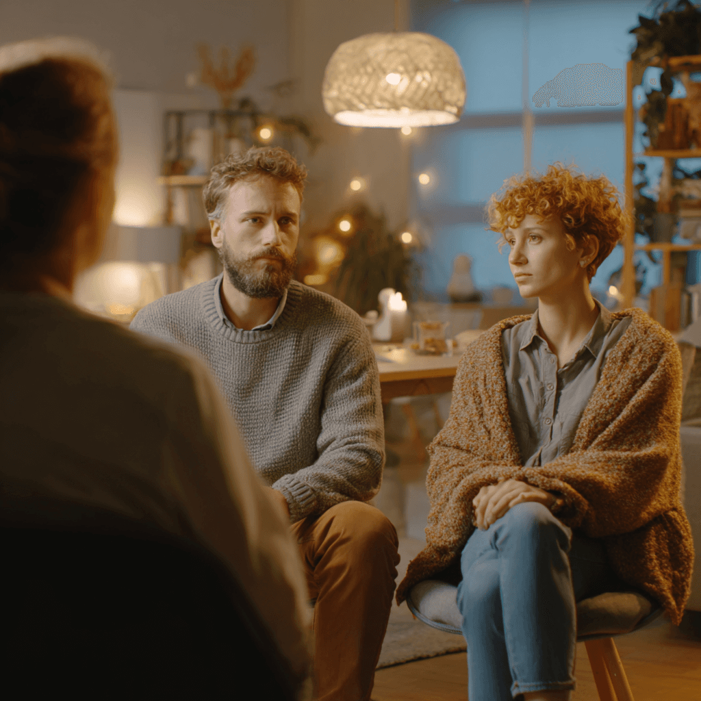 A couple is seated in a cozy room with warm lighting, having a serious discussion with an unseen person. Candles and soft decor create an intimate atmosphere.