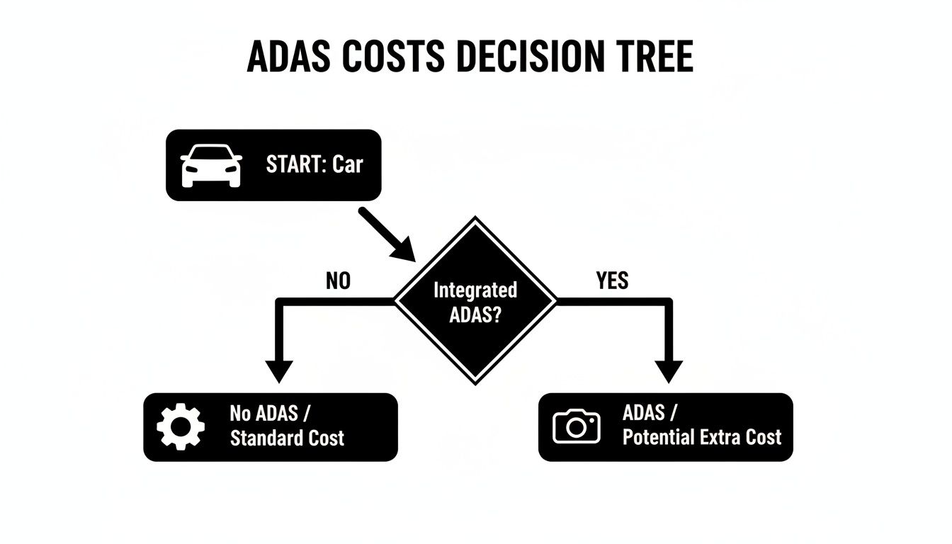 A decision tree illustrating ADAS costs, starting with a car, integrated ADAS, and leading to standard or potential extra costs.