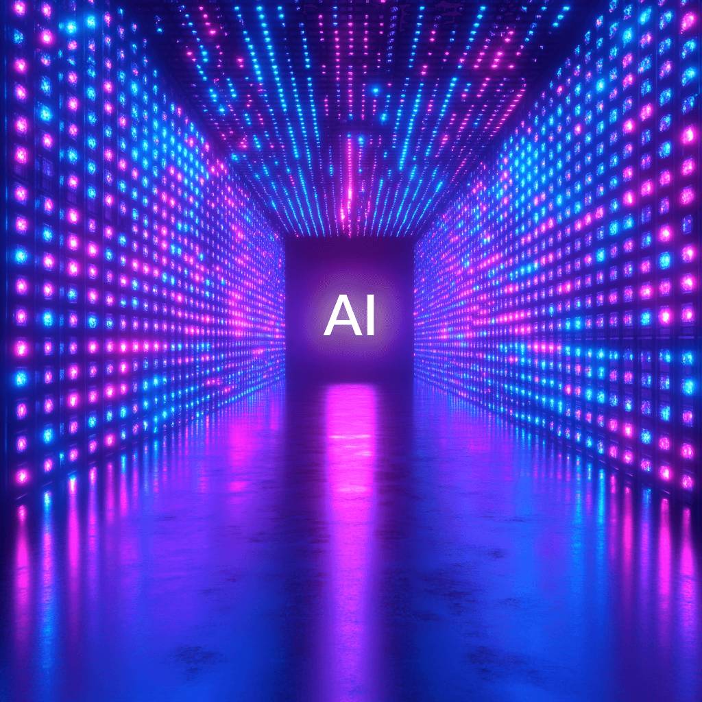 beleuchteter Tunnel führt zu einem KI-Symbol