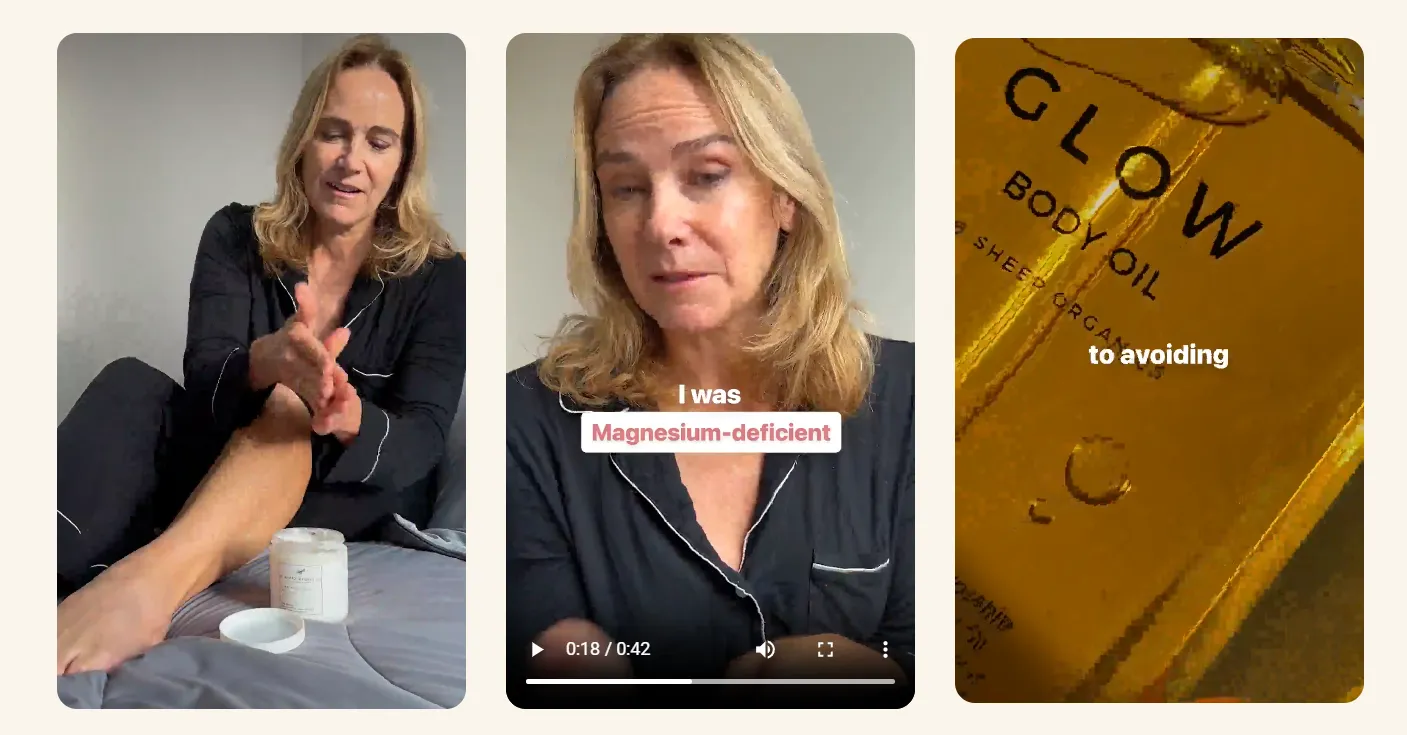Three-panel image showing a woman applying body lotion to her leg, speaking on camera about being magnesium-deficient, and a close-up of a body oil product labeled “Glow,” highlighting a personal skincare testimonial.