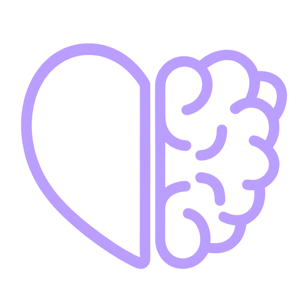 A stylized heart with a brain design inside, colored in light purple.