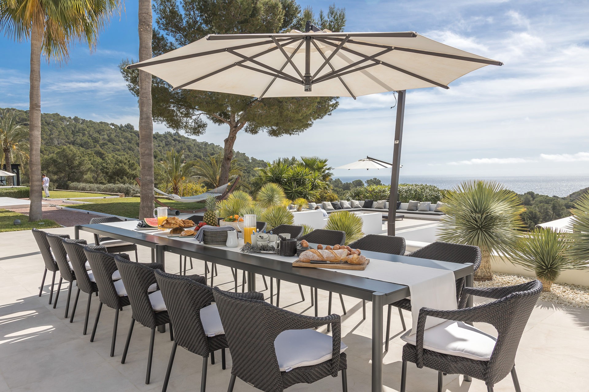 Breakfast on the terrace at an exclusive luxury villa Ibiza—private VIP estate property holiday retreat