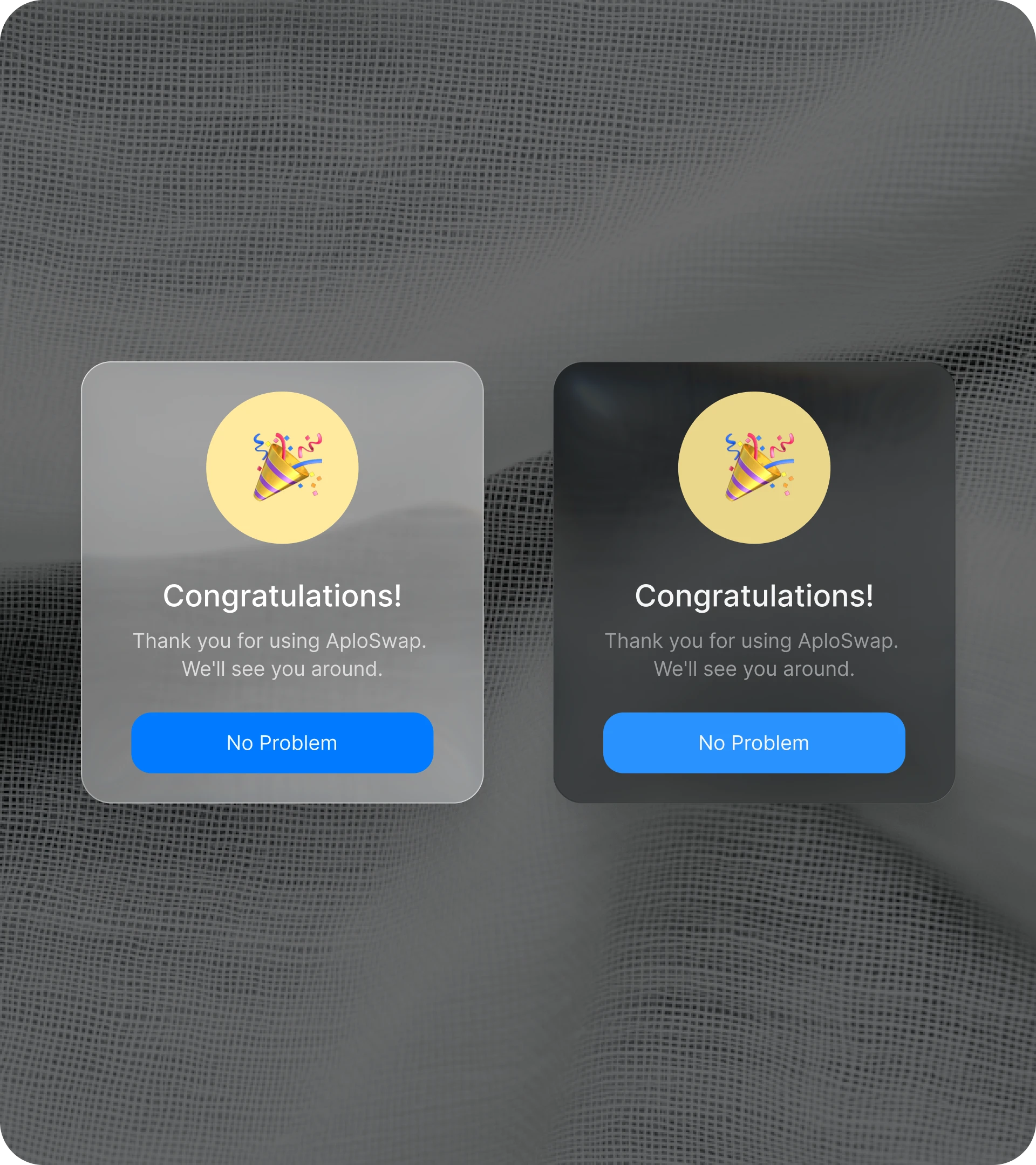 Transaction success screen confirming a completed Aplocoin swap with clear status and next‑step hints.