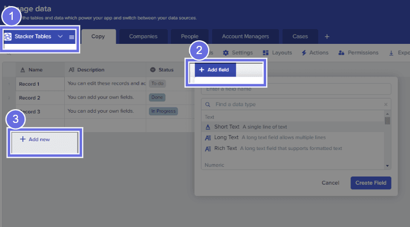 Stacker’s table with organizational structures like fields and rows you can use to segment data.