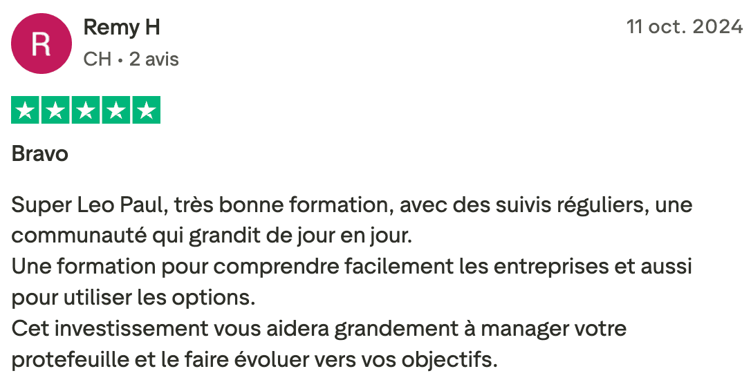 Avis Trustpilot 5 étoiles – Remy H, Suisse, formation bourse et options avec suivi et communauté Léo-Paul