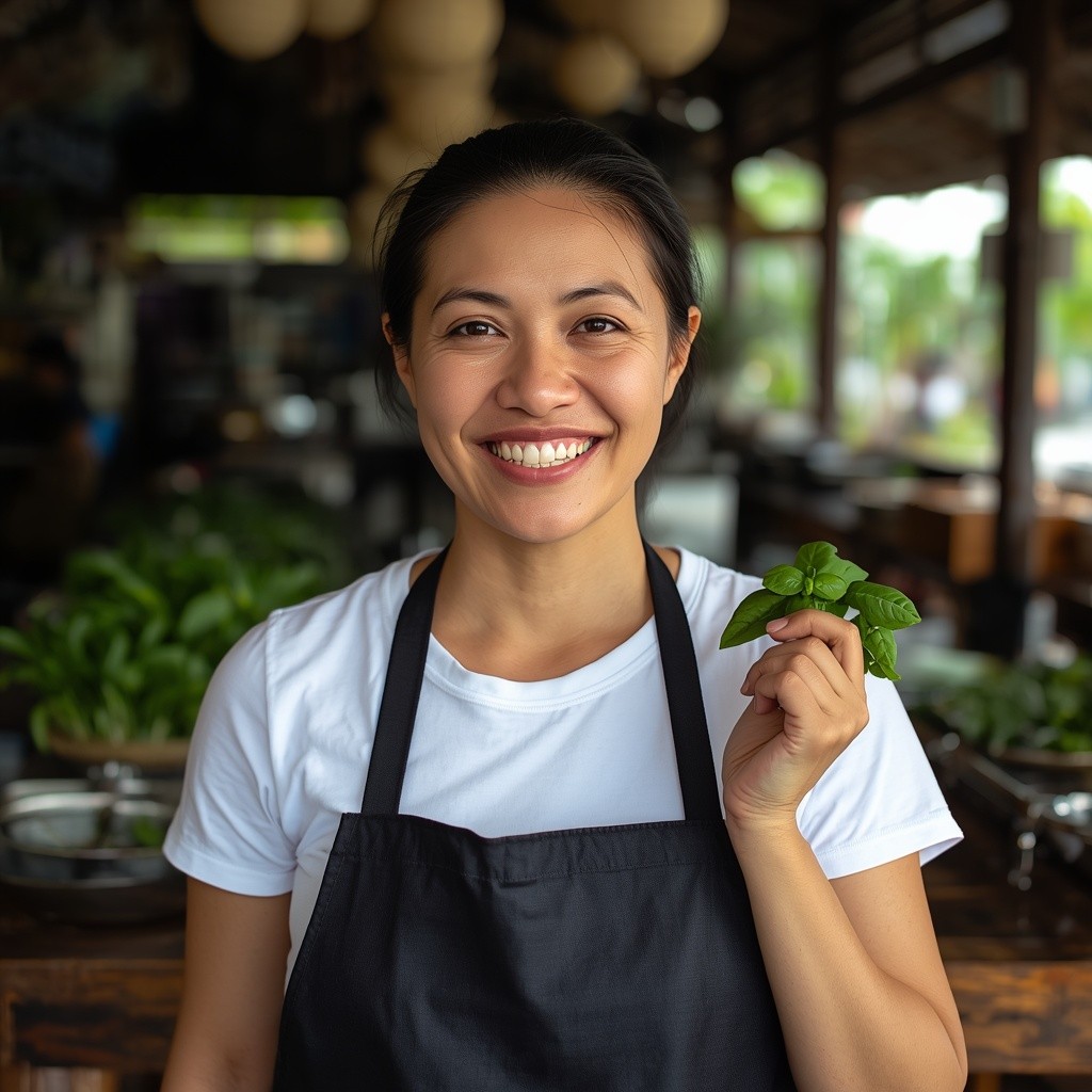 Chef May, professional Thai chef and cooking instructor, holding fresh Thai basil