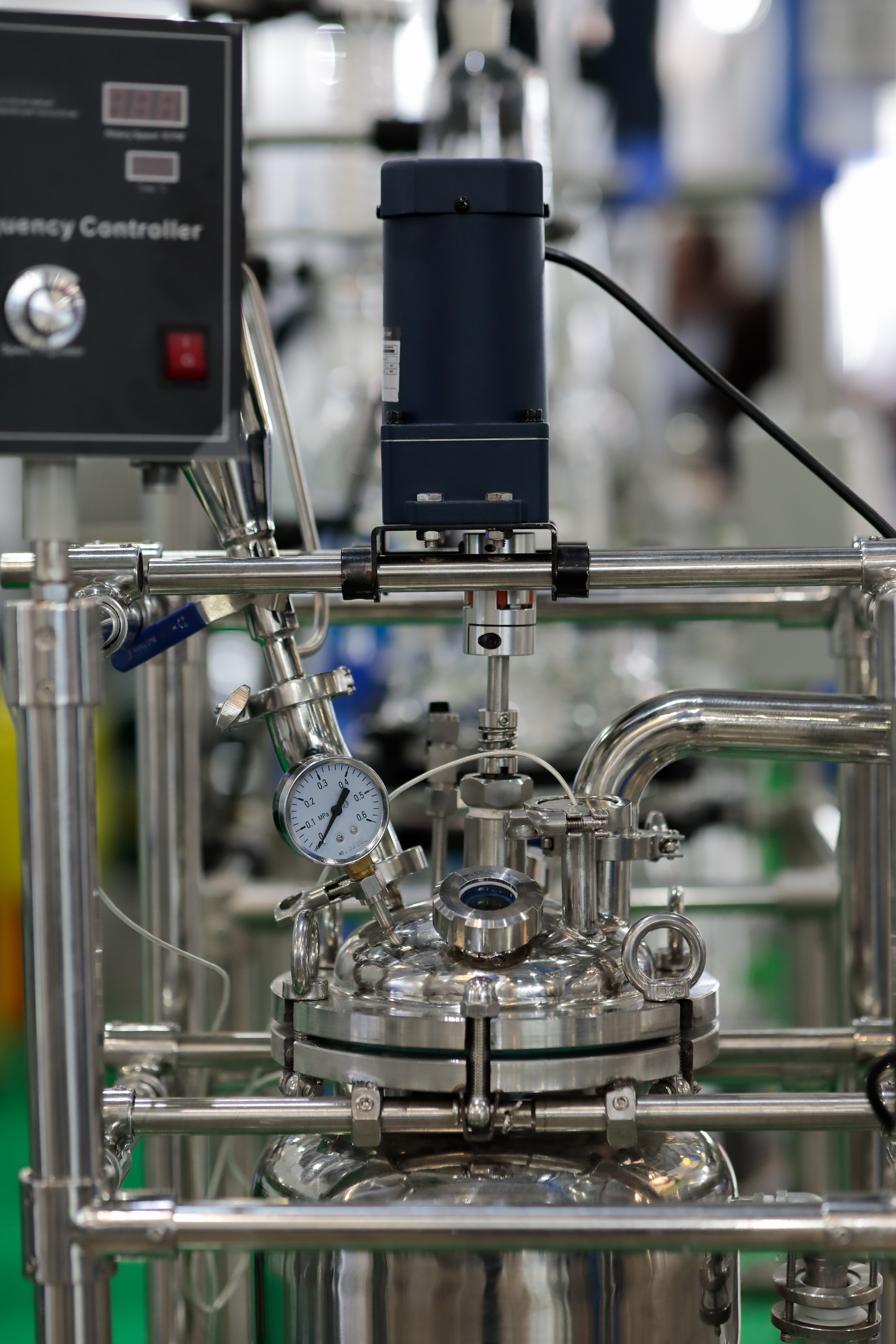 Green microscopic organism with textured surface and smaller structures surrounding it on a black background.