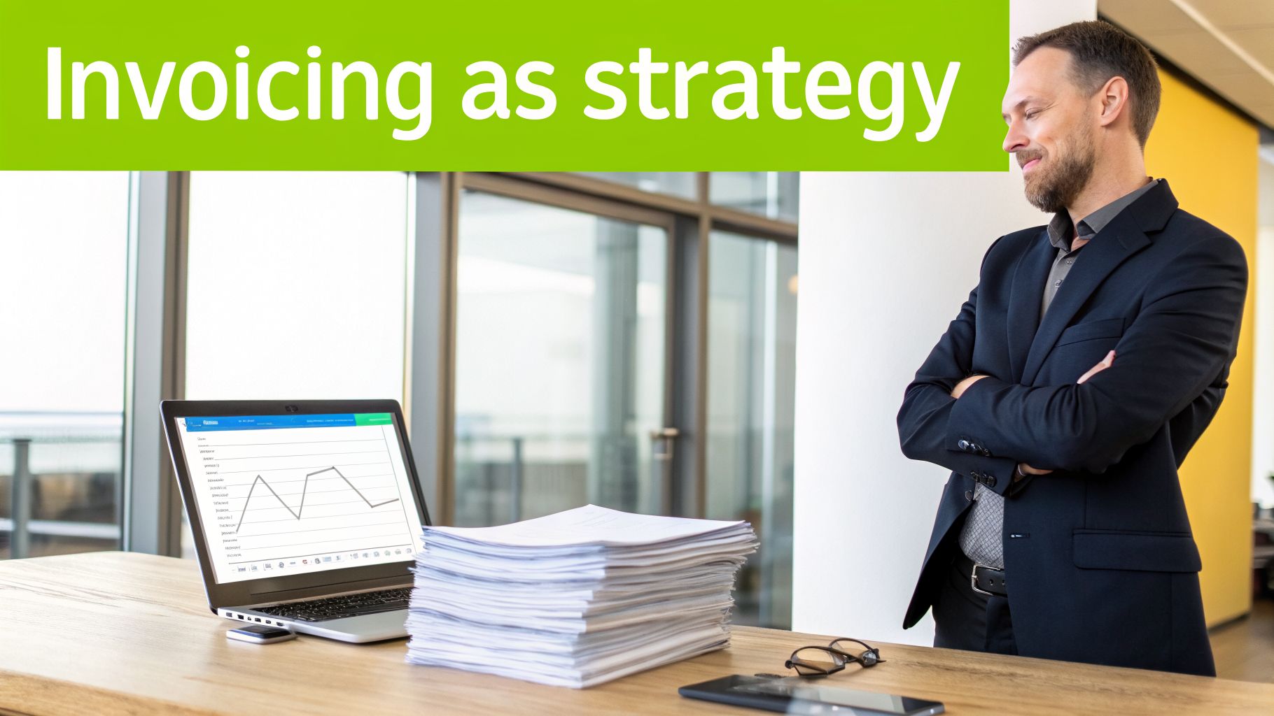 A businessman with arms crossed looks at a desk with a laptop, papers, and a phone, under a 'Invoicing as strategy' banner.